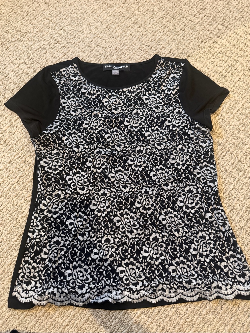 Karl Lagerfeld Black Tee with White Floral Lace Overlay
